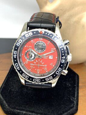32 Degrees Men's Watch Swiss Quartz Chronograph Red Dial Black Leather Band 43mm